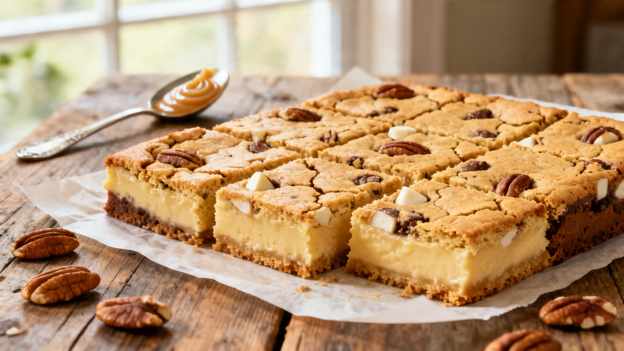 Recette de browkie au chocolat blanc et noix de pécan, carrés dorés et fondants