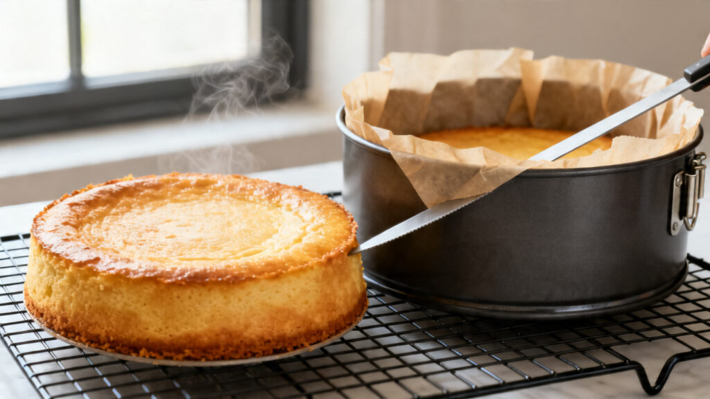 Flan sans pâte refroidissant sur grille, démoulage au papier cuisson