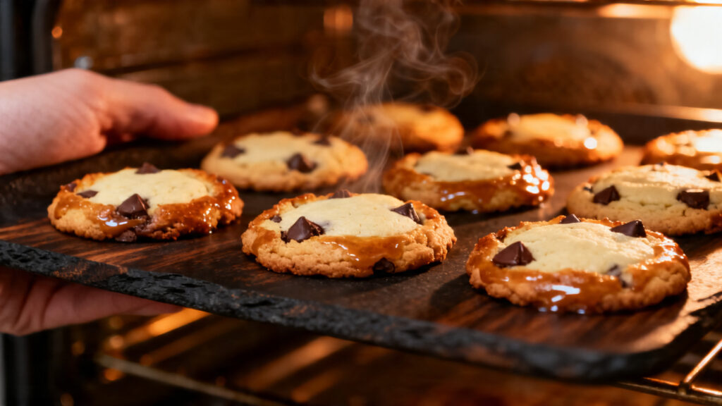 Cookies avec bords dorés et centre pâle, cuisson 180 °C