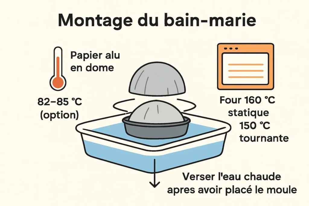 Schéma du bain-marie, eau aux deux tiers, alu en dôme