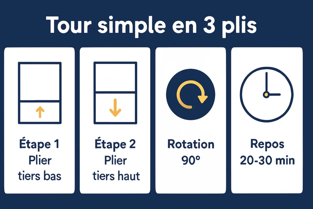 Schéma du tour simple en trois plis avec rotation 90°