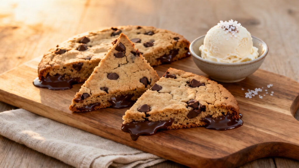 Parts de cookie géant tièdes, glace vanille et fleur de sel