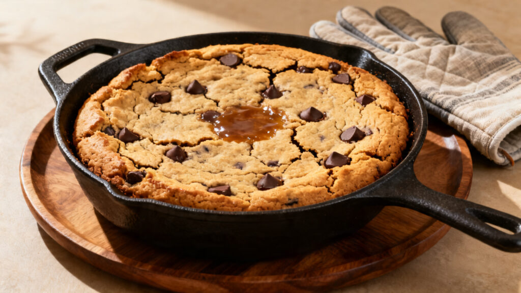 Skillet cookie dans poêle en fonte, bords croustillants