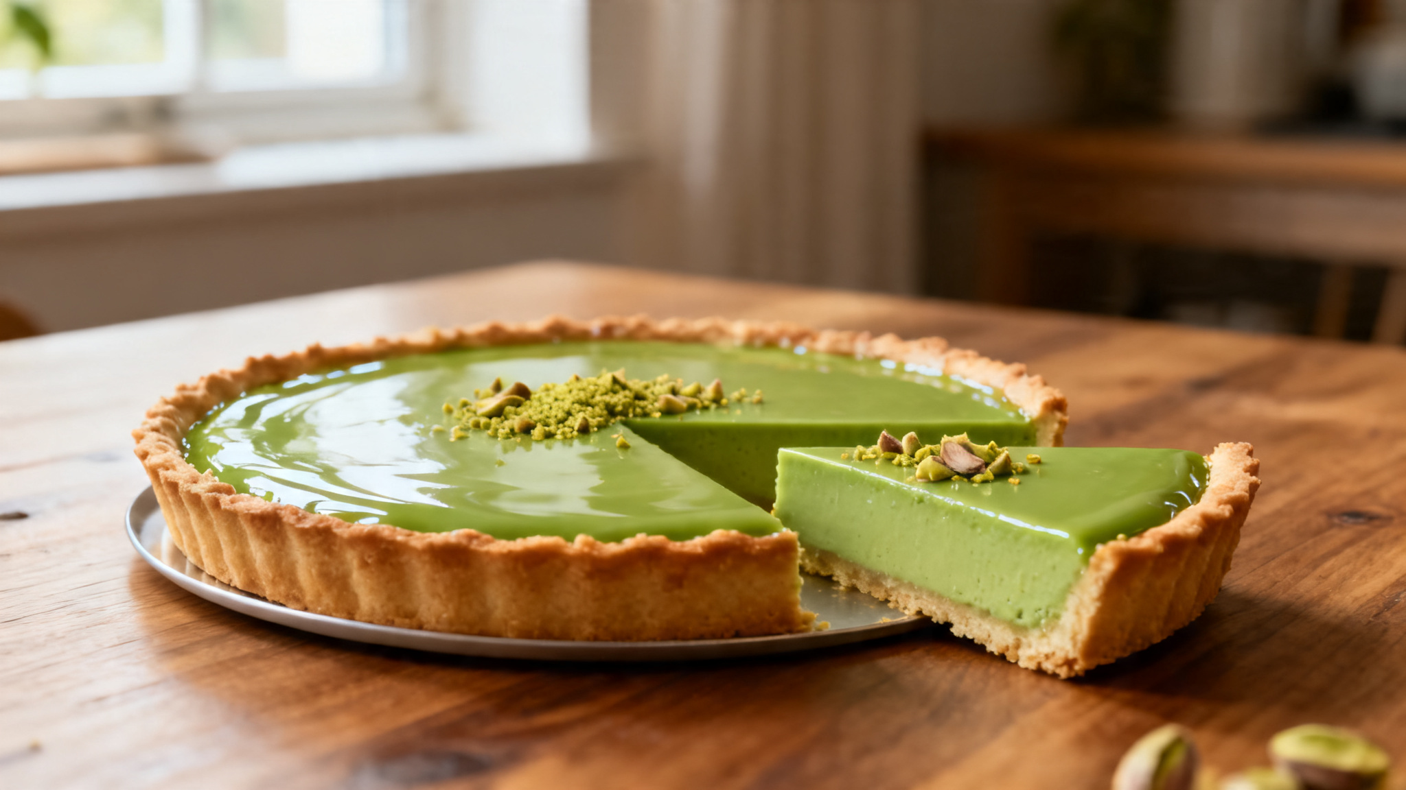 Tarte moderne garnie d’un crémeux pistache brillant