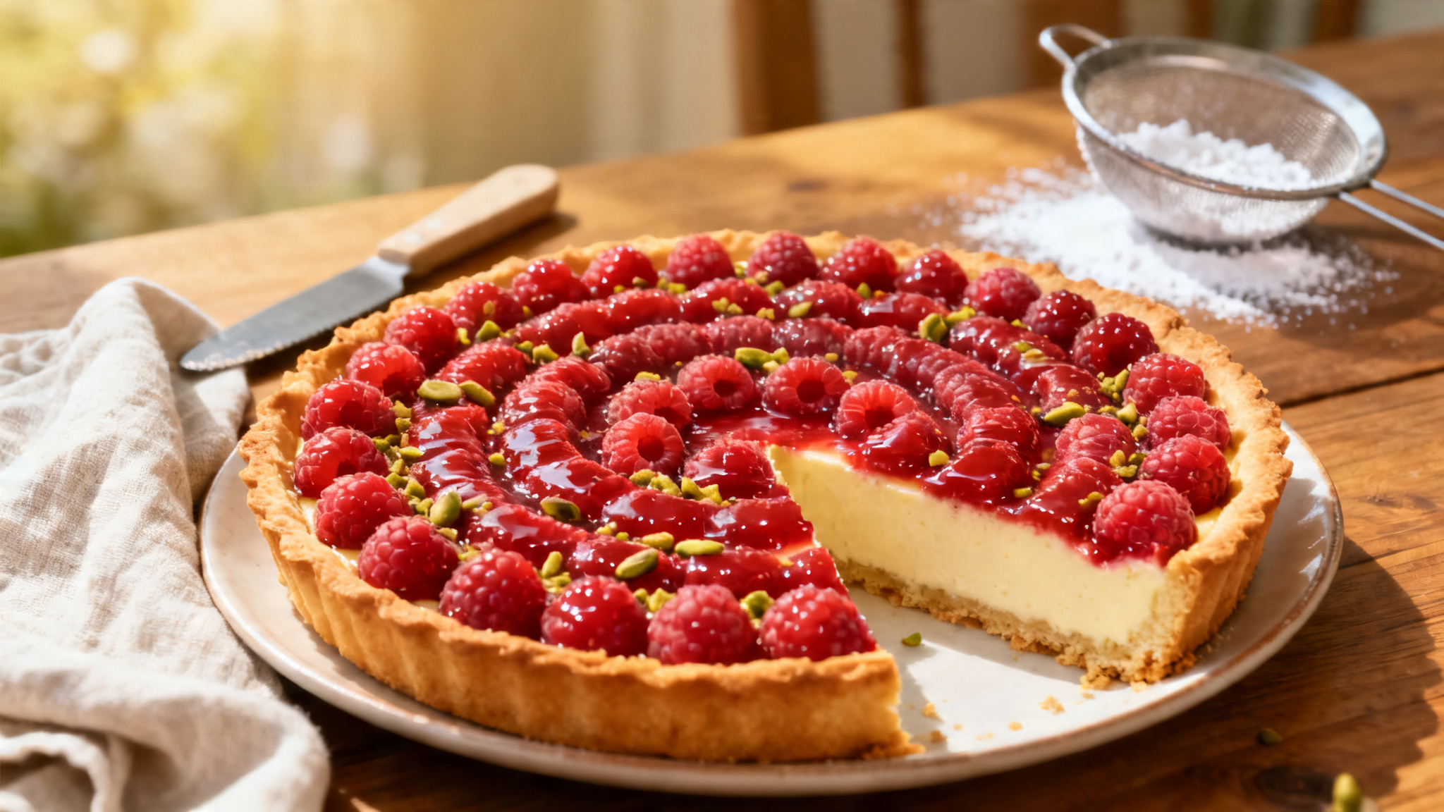 Tarte aux framboises brillante, fond doré et crème vanille