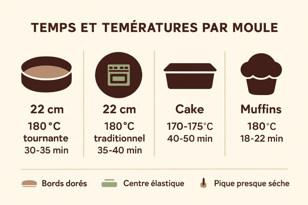 Repères temps et températures pour moules 22 cm, cake, muffins