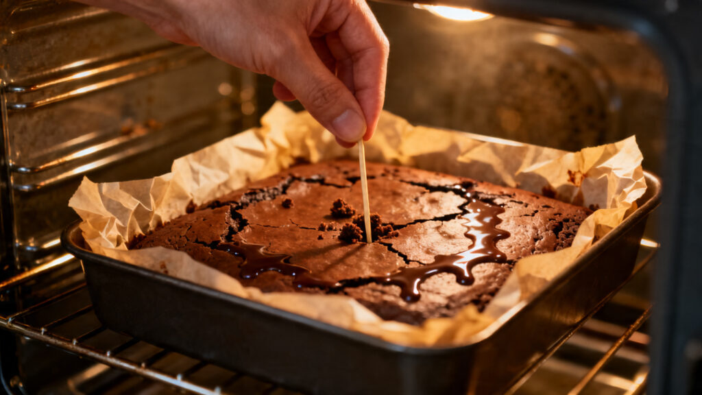 Vérification de cuisson du brownie, pique avec miettes humides