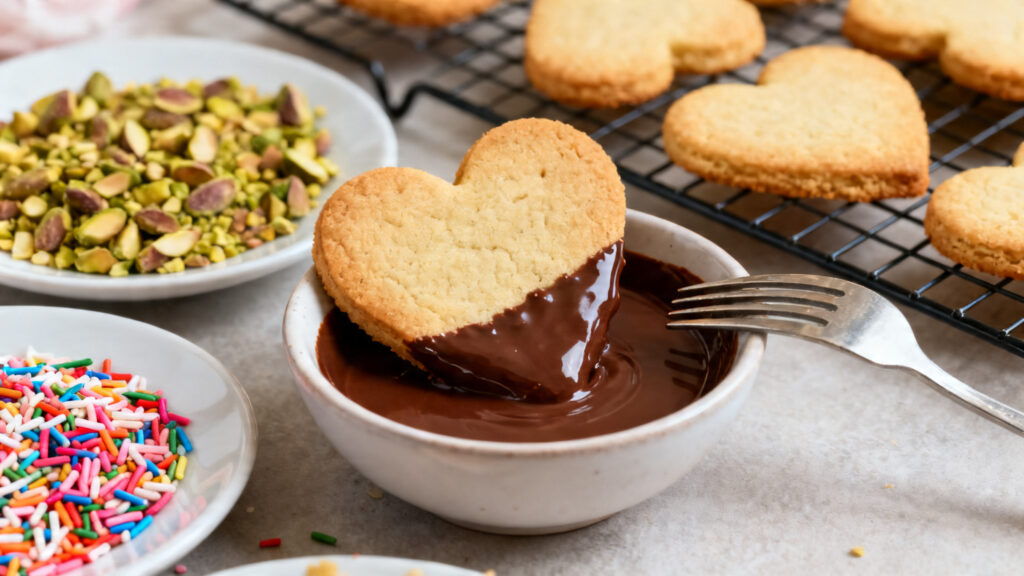 Sablés cœur demi-trempés au chocolat avec sprinkles croquants
