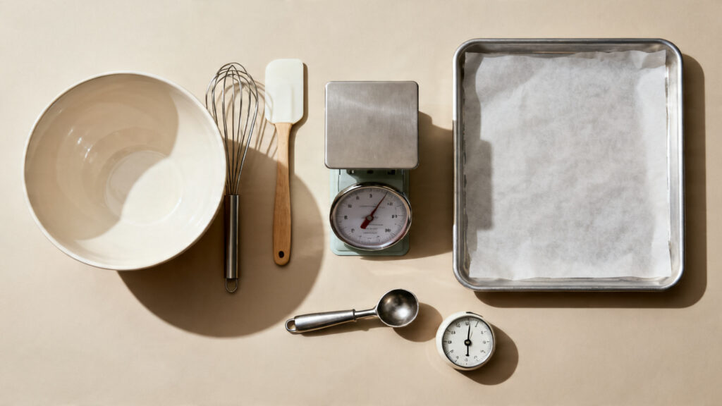 Saladier, fouet, balance et plaque avec papier cuisson