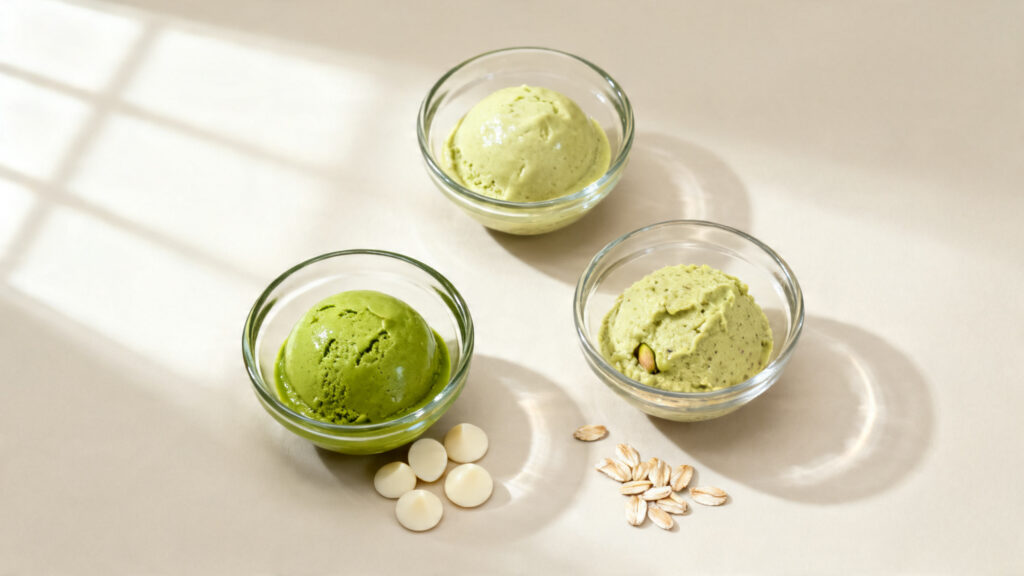 Trois bols de crémeux pistache : classique, chocolat blanc, végétal