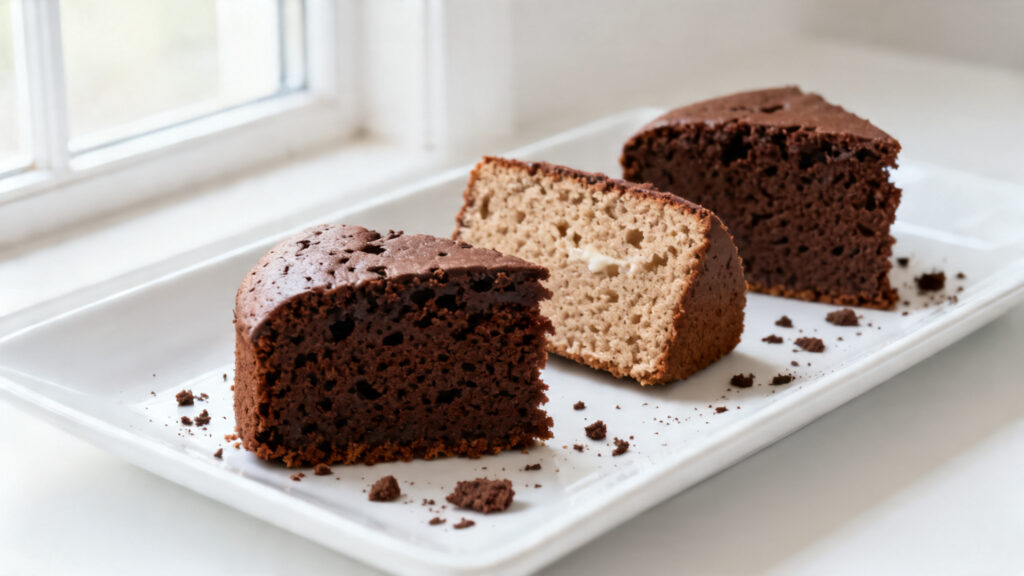 Trois tranches de gâteau micro-ondes, textures et variantes visibles