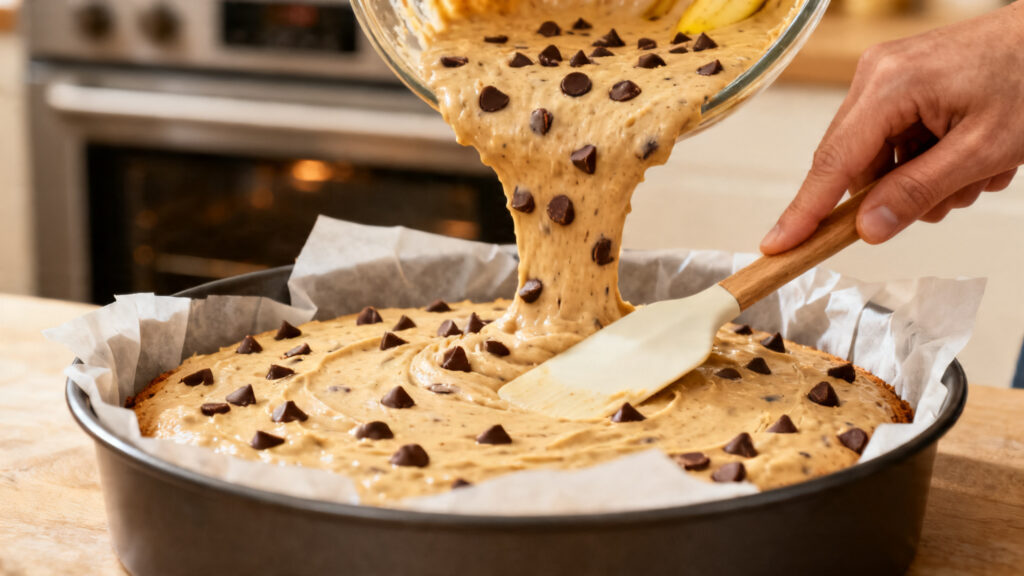 Pâte de banana bread versée dans un moule chemisé