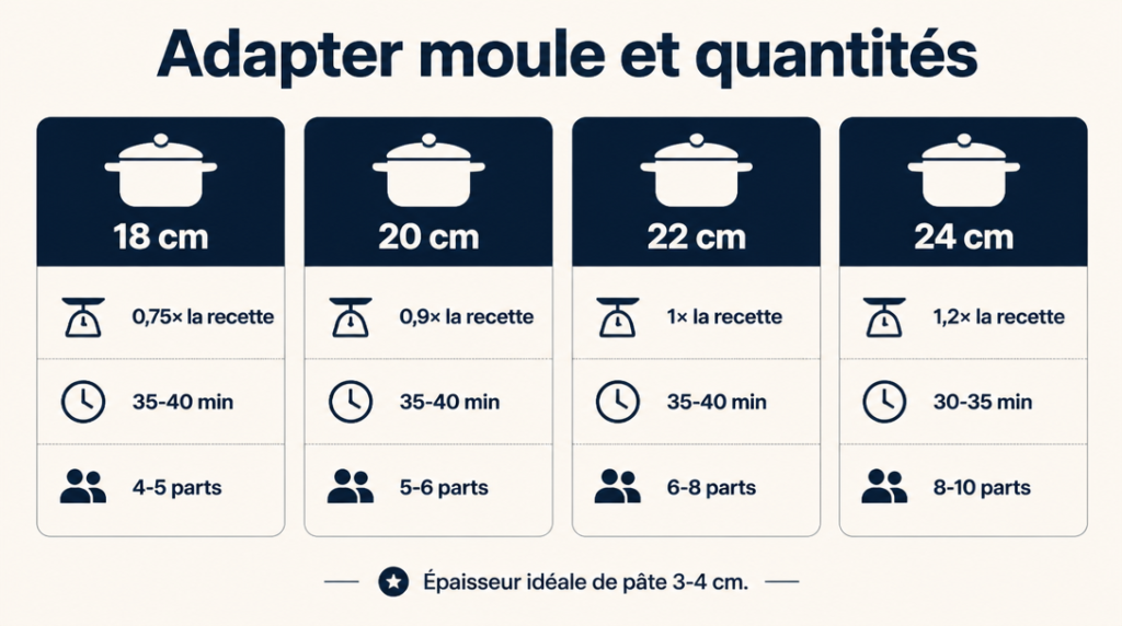 Tableau moules 18-24 cm, quantités et temps de cuisson