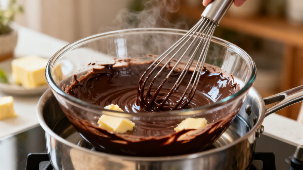 Bol au bain-marie avec chocolat noir et margarine lissés et brillants