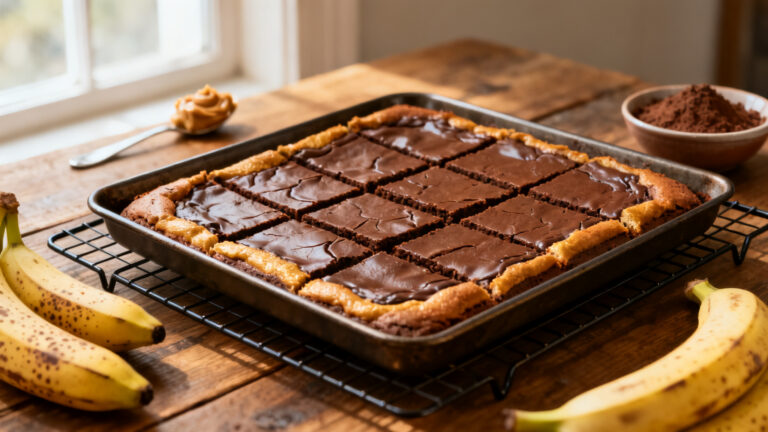 Brownie banane healthy découpé en carrés, dessus satiné