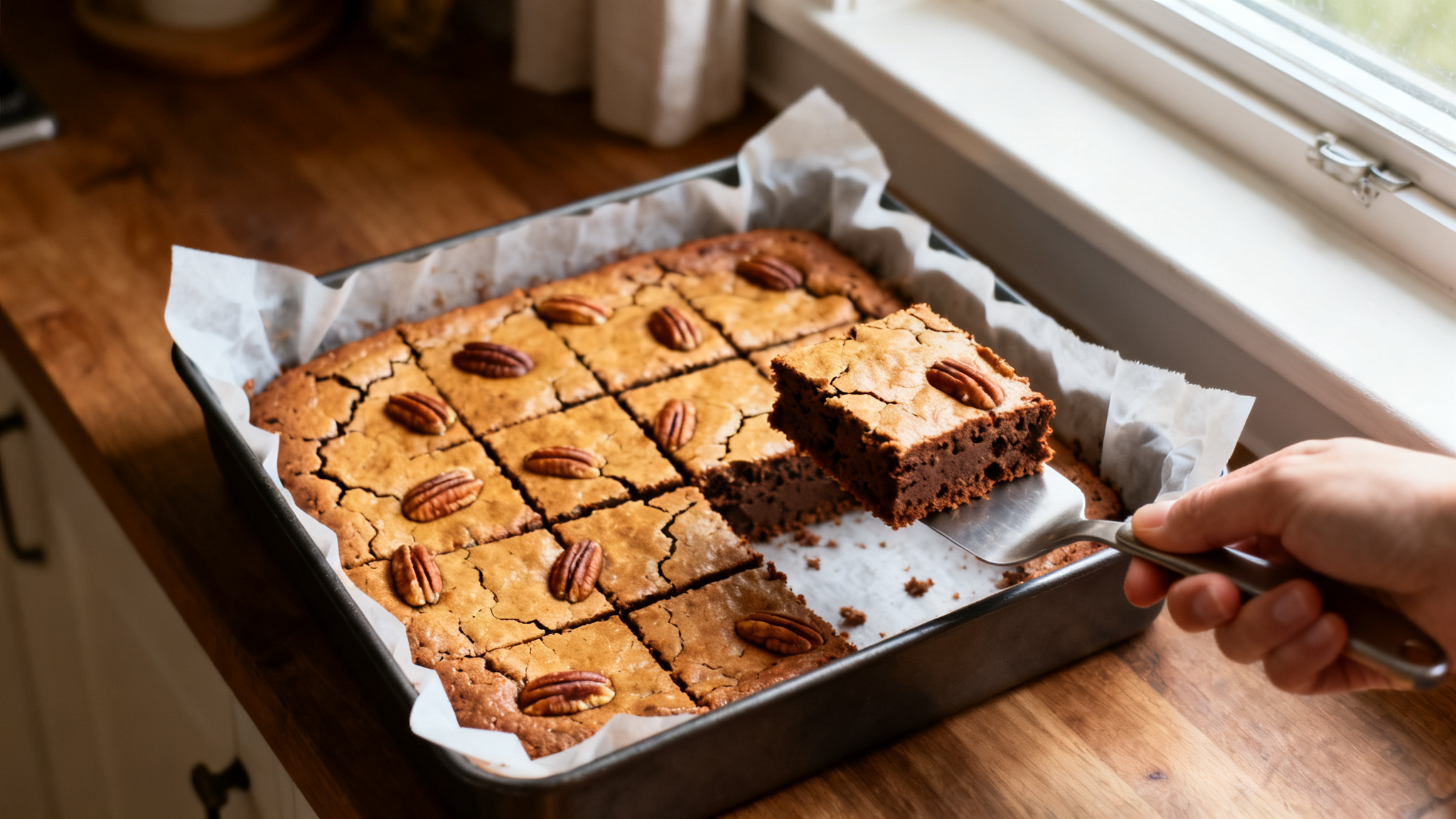 Brownie sans gluten et sans lactose coupé en carrés, cœur fondant
