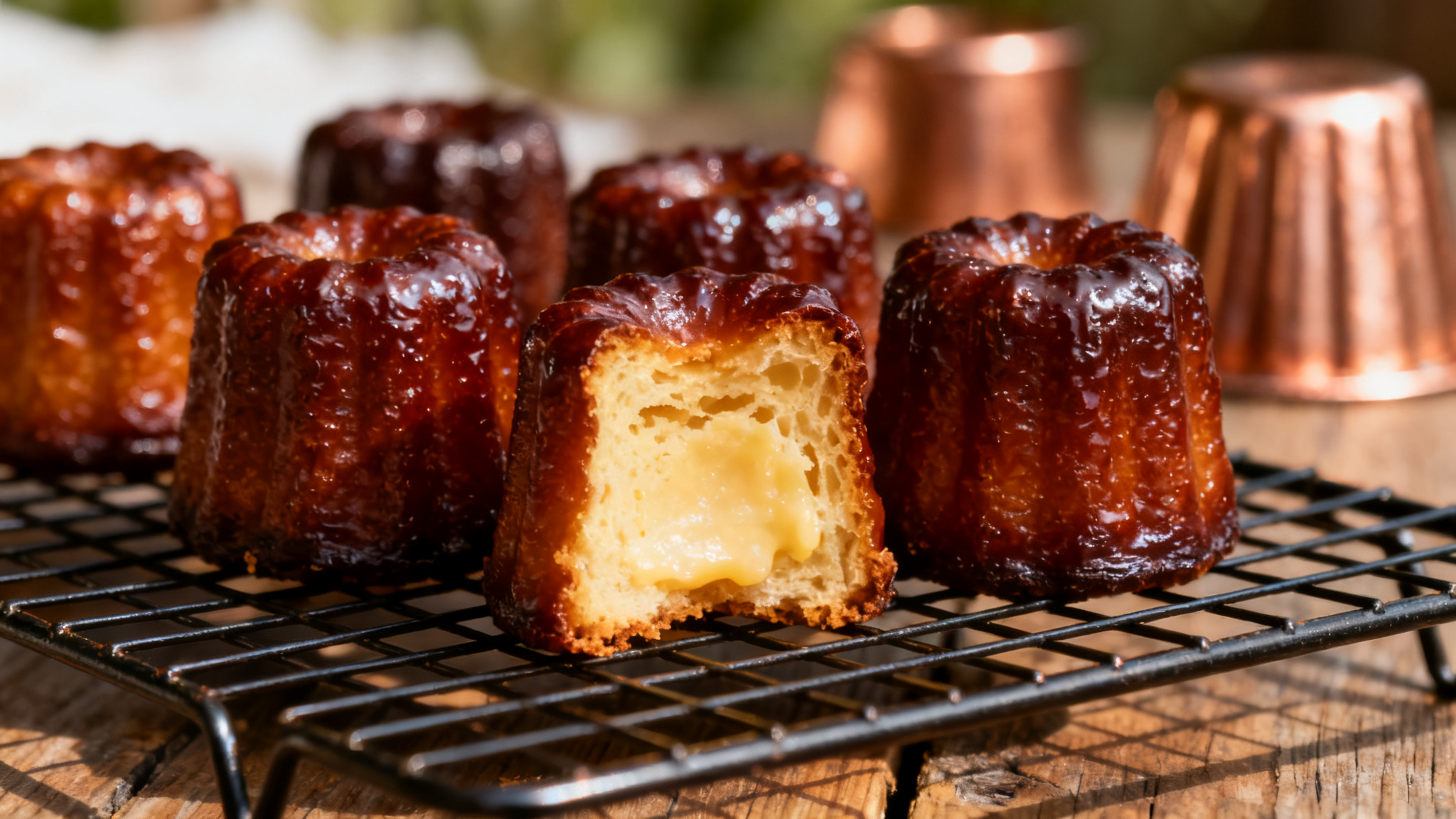 Cannelés bordelais caramélisés sur grille, issus d’une recette de cannelés bordelais