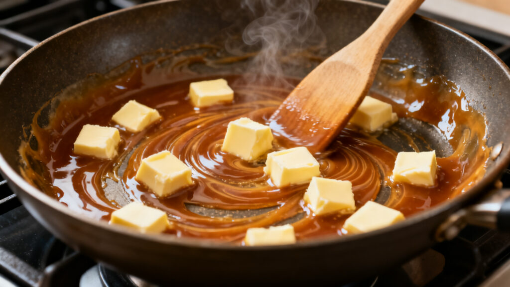 Caramel ambré lisse avec beurre salé en train de fondre