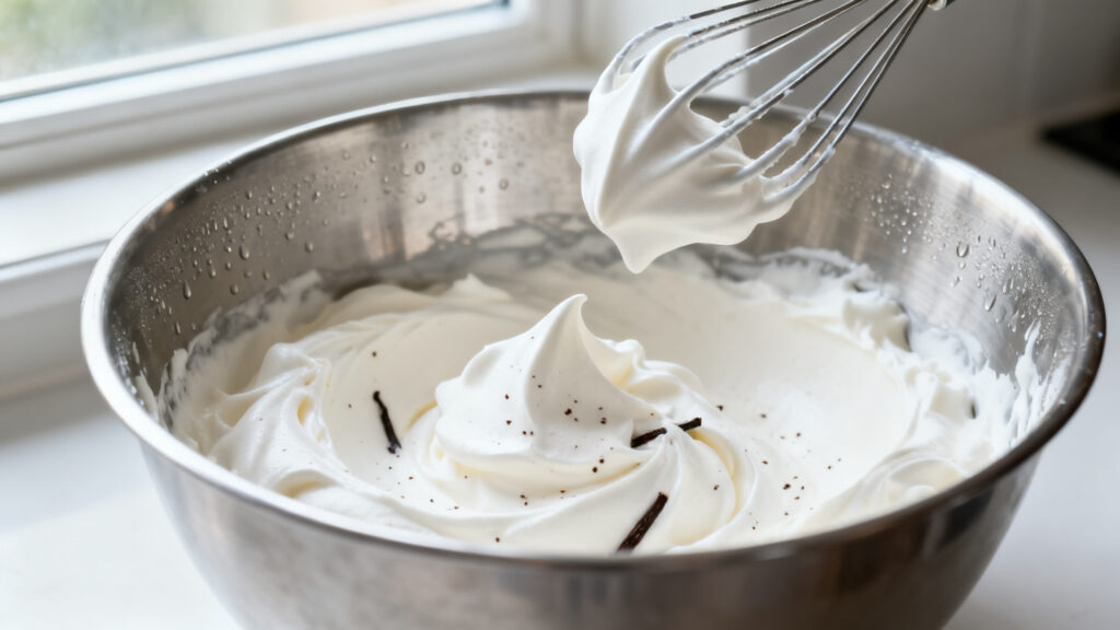 Chantilly vanillée au pic souple dans une cuve froide