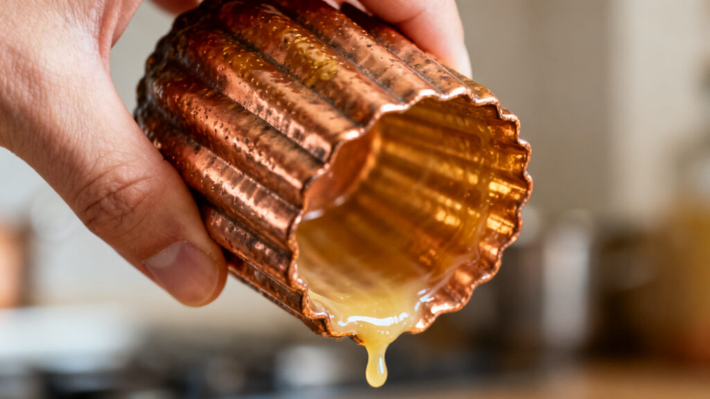 Moule cannelé chemisé d’un film cire d’abeille et beurre clarifié