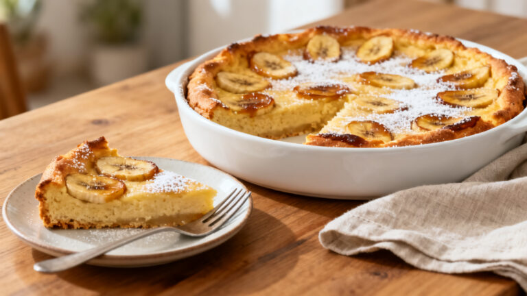 Clafoutis à la banane doré avec part servie tiède