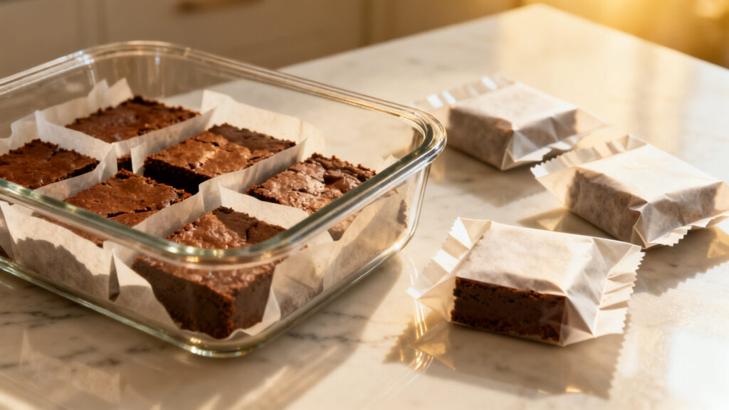 Carrés de brownie en boîte hermétique avec papier cuisson