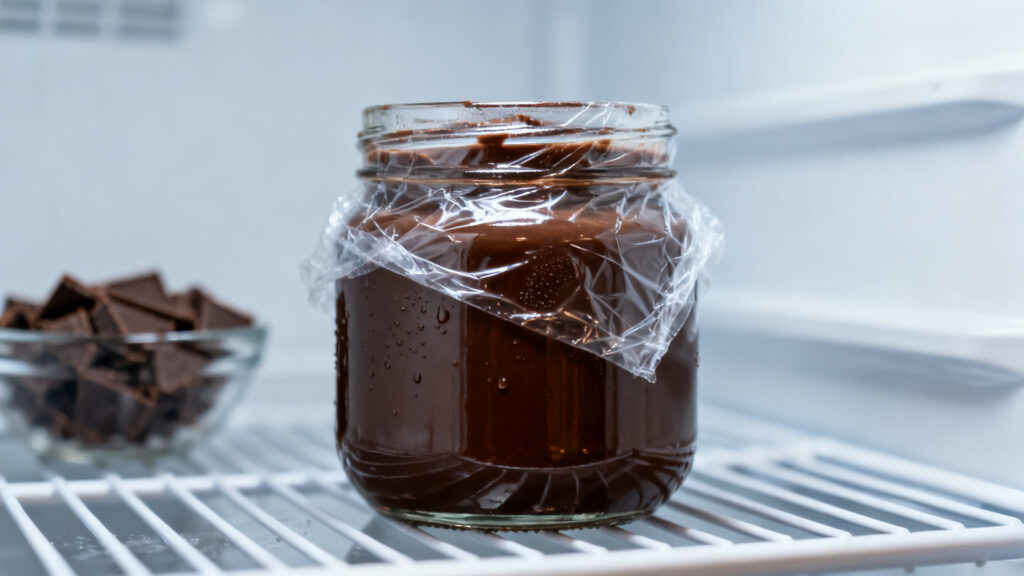 Bocal de coulis au chocolat au réfrigérateur, film au contact
