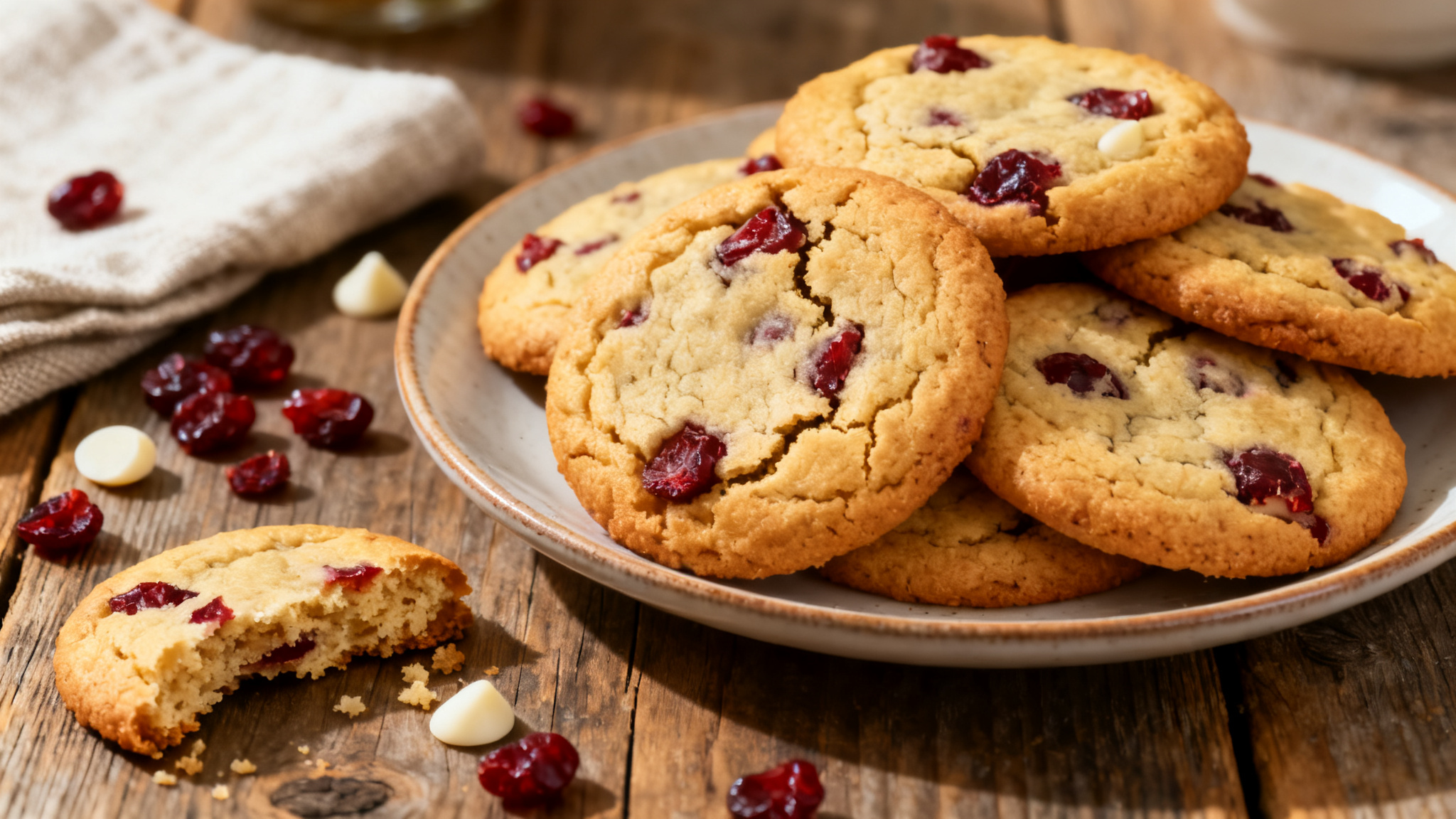Cookies aux cranberries dorés avec centre moelleux sur assiette