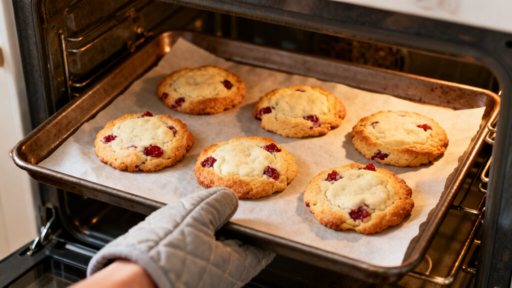 Cookies sortant du four, bords golden-brown et centres encore pâles