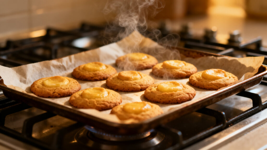 Cookies dorés à 180 °C avec centres mous en repos sur plaque
