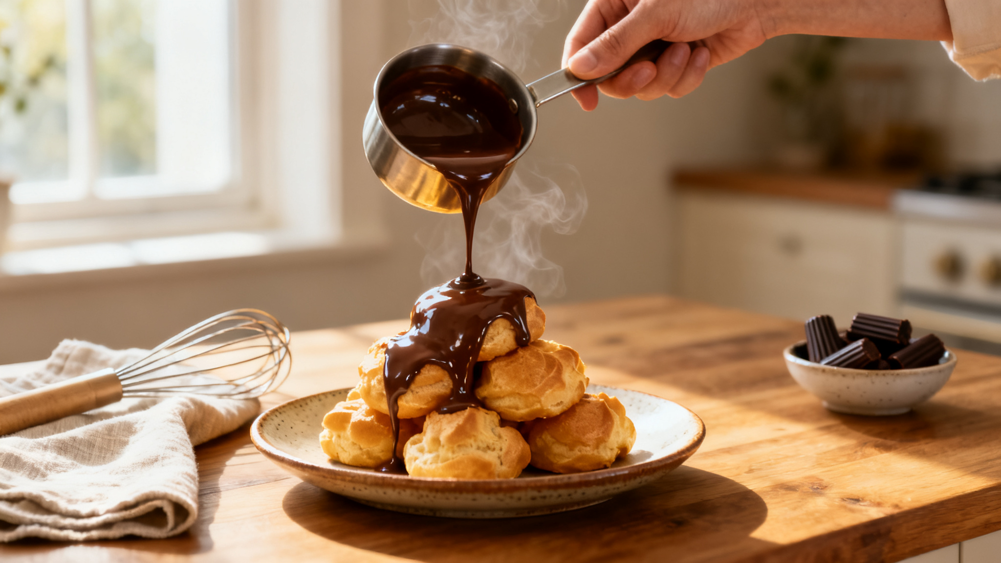 Coulis au chocolat brillant versé sur des profiteroles