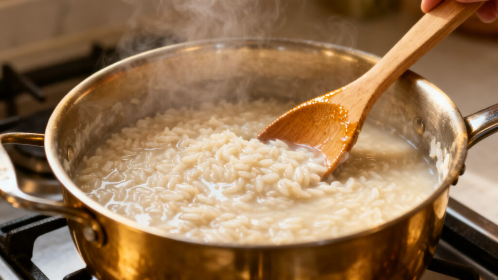 Riz au lait en cuisson douce, texture crémeuse nappante