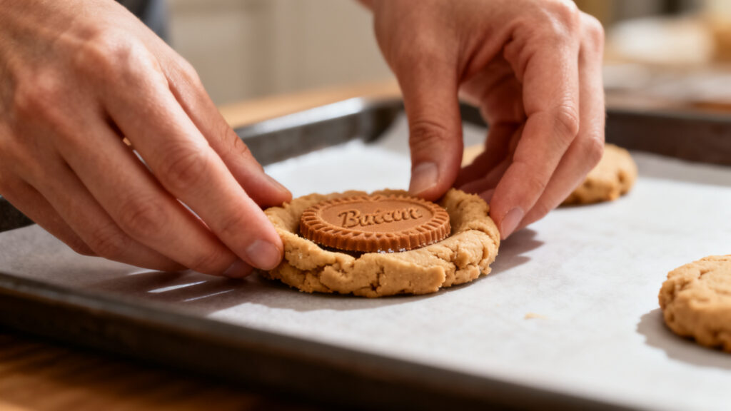 Façonnage d’une boule autour d’un cœur Biscoff congelé