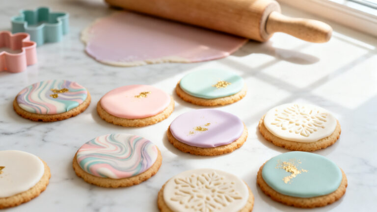Assortiment de fondant icing cookies lisses, marbrés et embossés