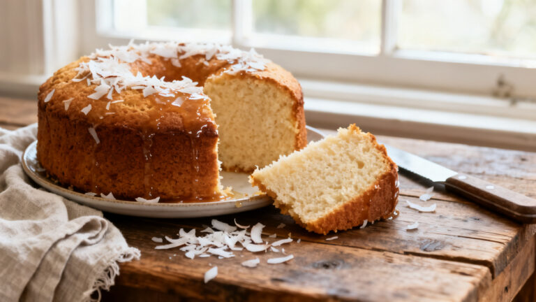 Le meilleur gâteau à la noix de coco, tranche moelleuse et sirop brillant