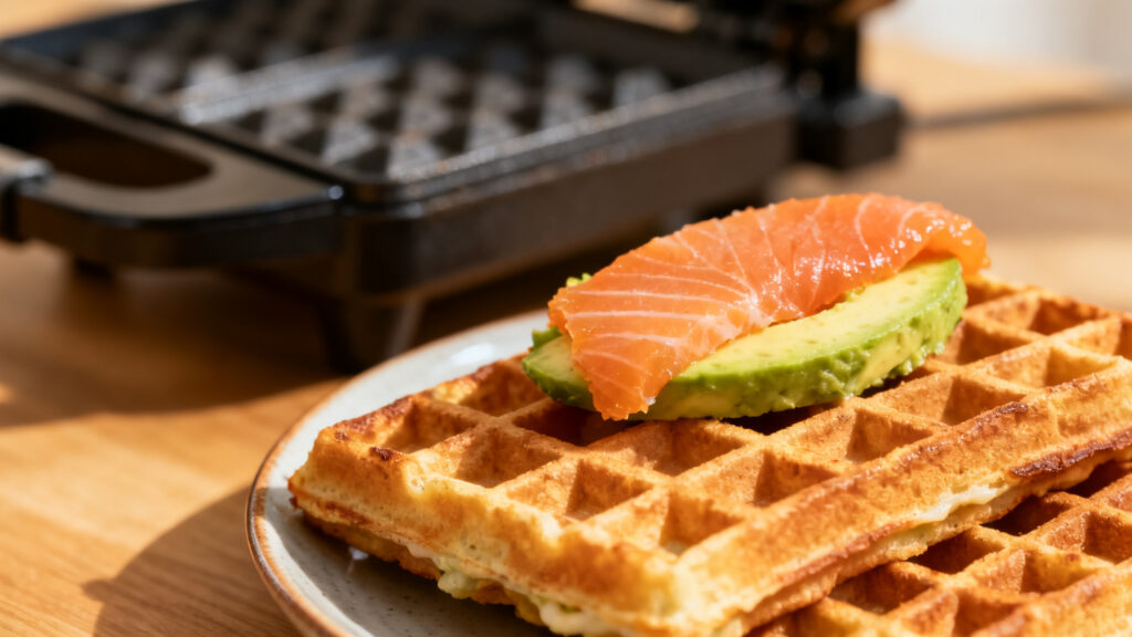 Gaufres salées protéinées dorées avec saumon et avocat