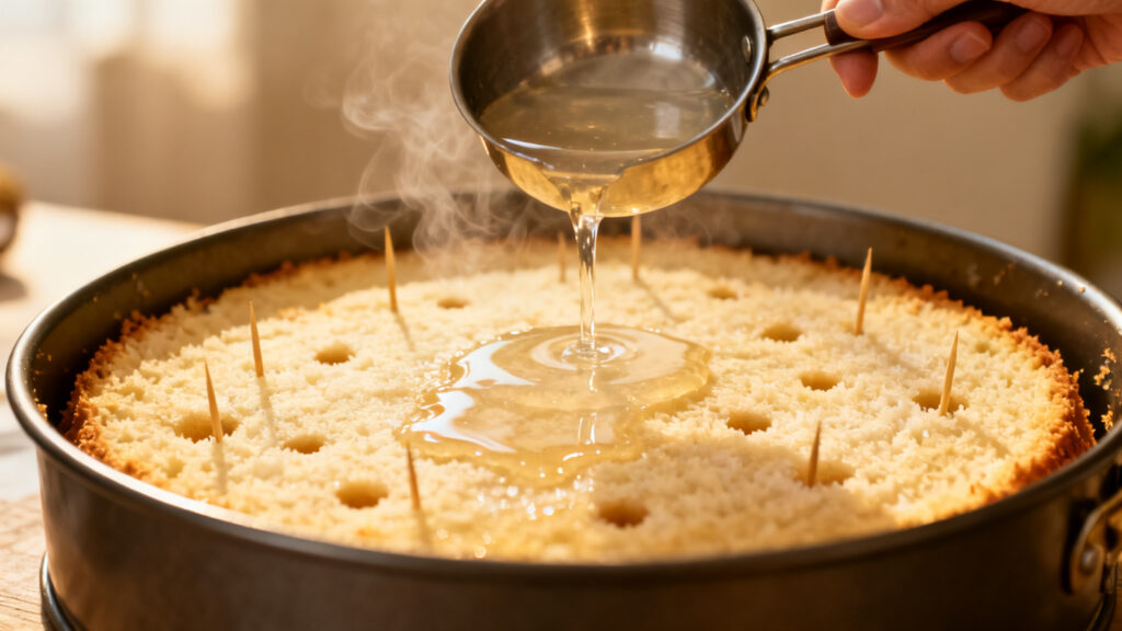 Sirop d’imbibage coco versé sur gâteau tiède