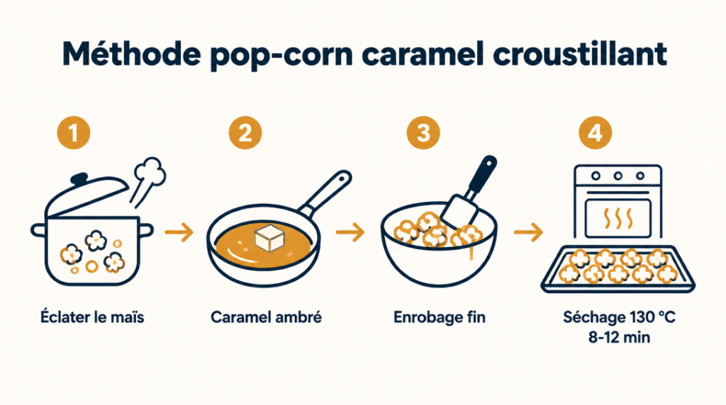 Schéma 4 étapes pour un caramel popcorn croustillant