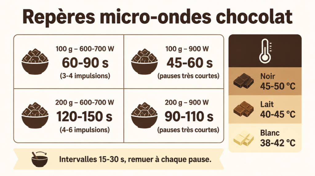 Temps et puissances micro-ondes pour 100 g et 200 g