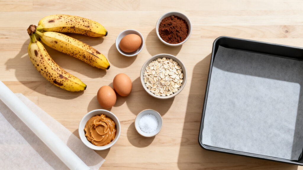 Ingrédients du brownie banane sans sucre ajouté, prêts