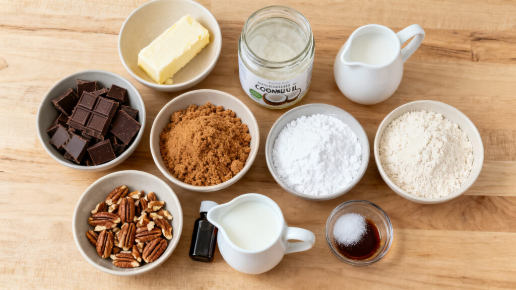 Ingrédients mesurés en bols : chocolat 70 %, farine de riz, fécule, poudre d’amande