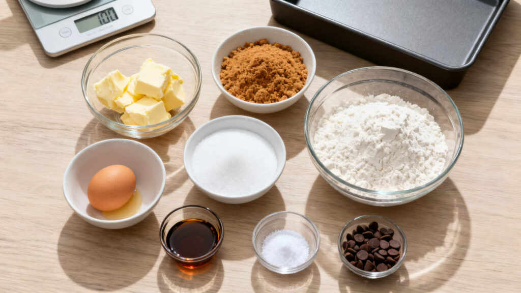 Beurre mou, cassonade, farine et pépites pesés