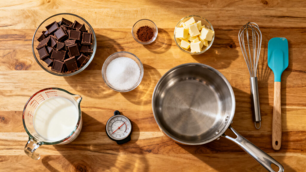 Ingrédients et ustensiles pour sauce chocolat maison