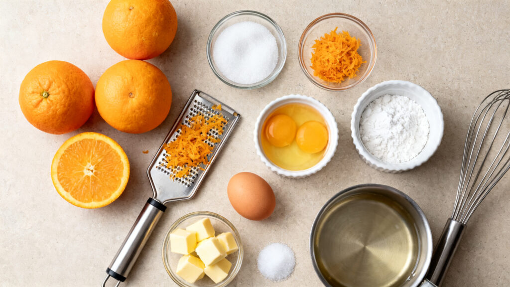 Ingrédients pour orange curd pesés et zestes fins