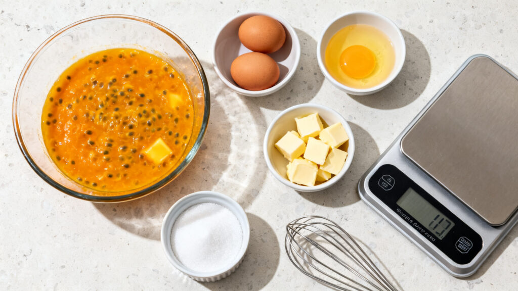 Purée 100 % passion, jaunes d’œufs, sucre et maïzena pesés