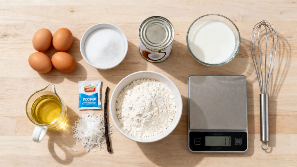 Ingrédients mesurés pour gâteau coco au lait de coco