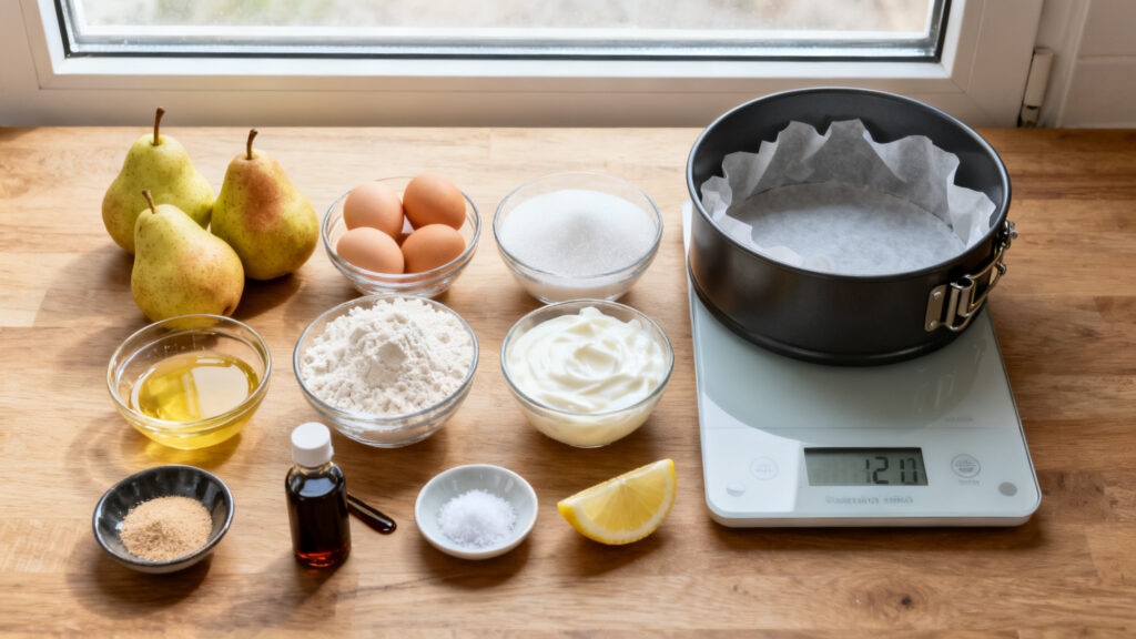 Ingrédients pesés pour gâteau poires moelleux 22 cm