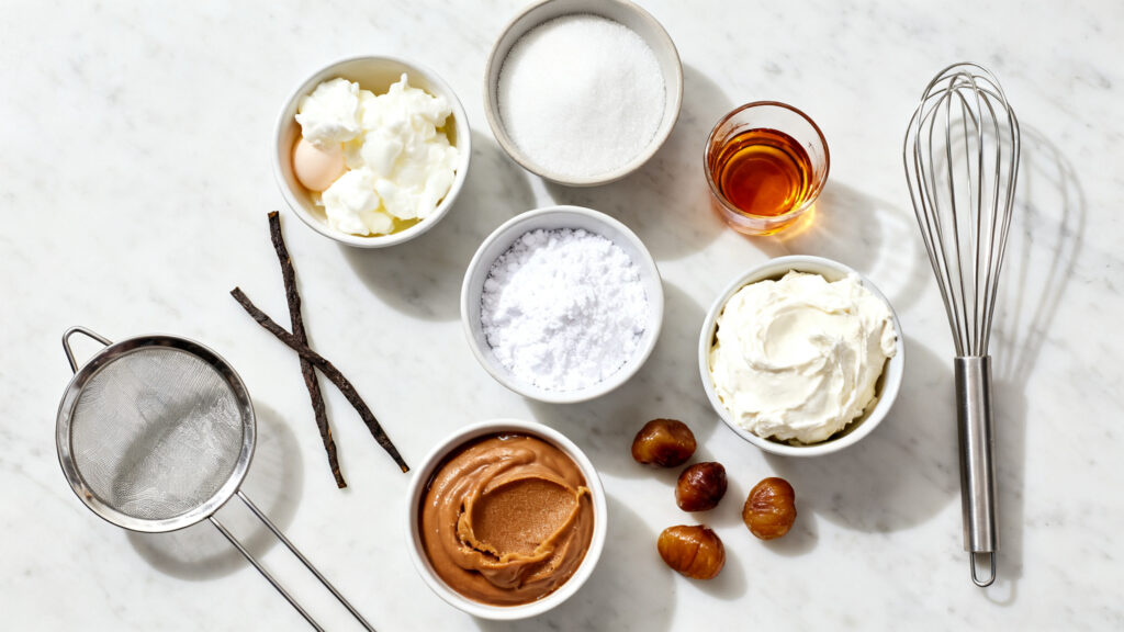 Ingrédients pour meringue, chantilly vanillée et crème de marrons