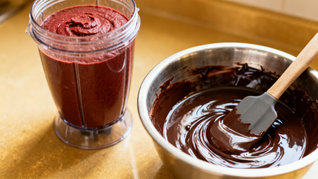 Mixage fin des haricots rouges et chocolat fondu prêt à incorporer