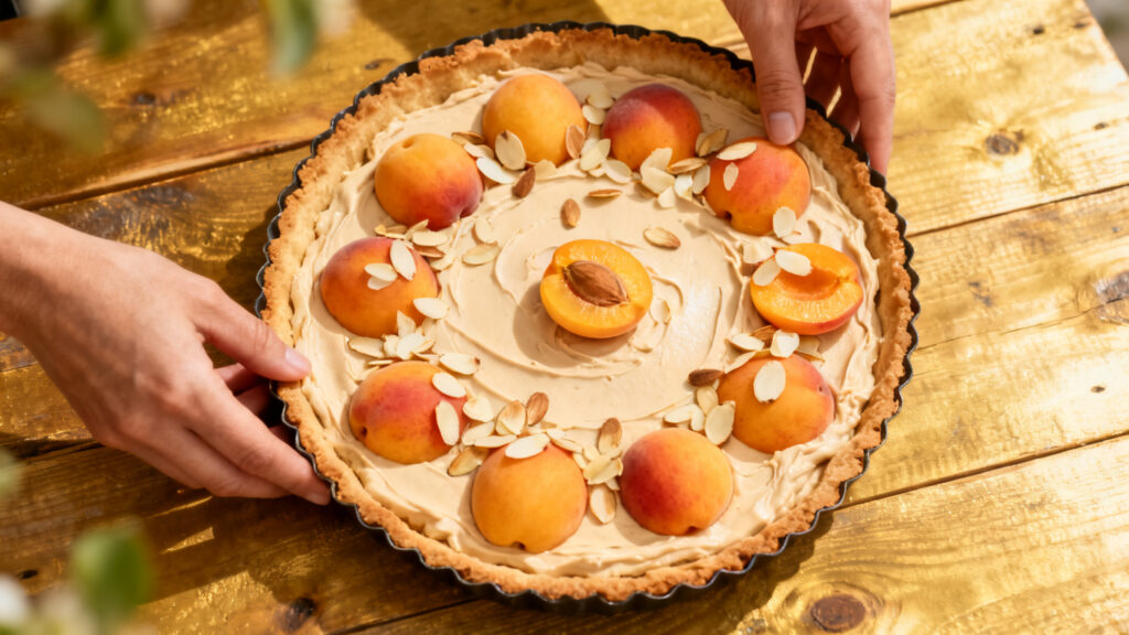 Abricots bombés sur crème d’amande, amandes effilées en finition
